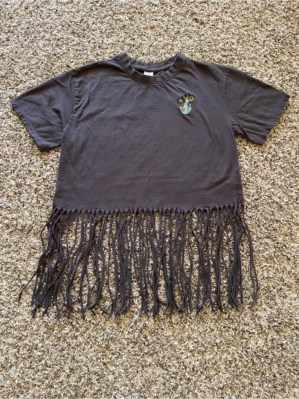 Vibe N' Women's M Gray Cropped Fringe T-Shirt Boho Festival Graphic Tee Cactus